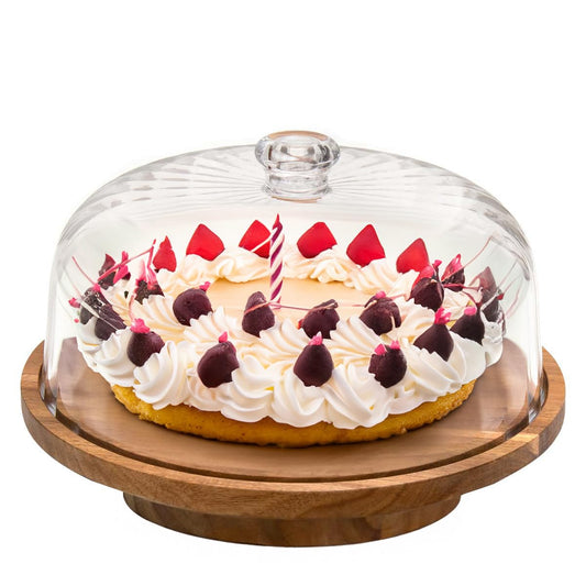 cutesun Wood Cake Stand with Lid, 11.8'' Rotating Cake Stand with Dome, Shaterproof 10.4'' Acrylic Cake Display Cover, Cake Holder Tray for Wedding Gift，Kitchen,Birthday,Parties,Baking Gifts