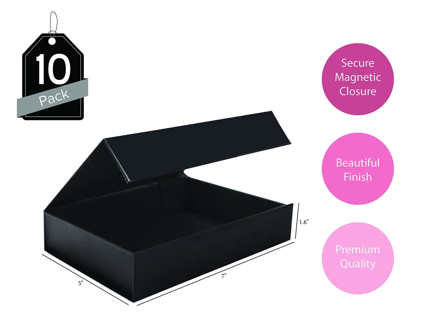 Purple Q Crafts 10 Pack Black Hard Gift Box with Magnetic Closure Lid 7" x 5" x 1.6" Rectangle Boxes For Gifts With Glossy Finish (Black, 10 Boxes)