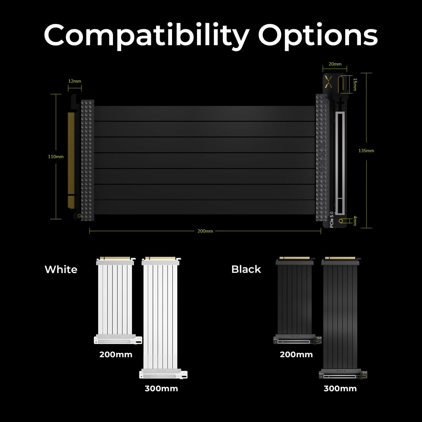 TRYX String PCIE 5.0 x 16 White Riser Cable 200mm 128GB/s Vertical Graphic Card/GPU Mount Flexible PCIE 4.0 Support Near-Zero Signal Loss with EMI Shield for RTX 4090/5070/5080/5090RX 9070XT/7900XT