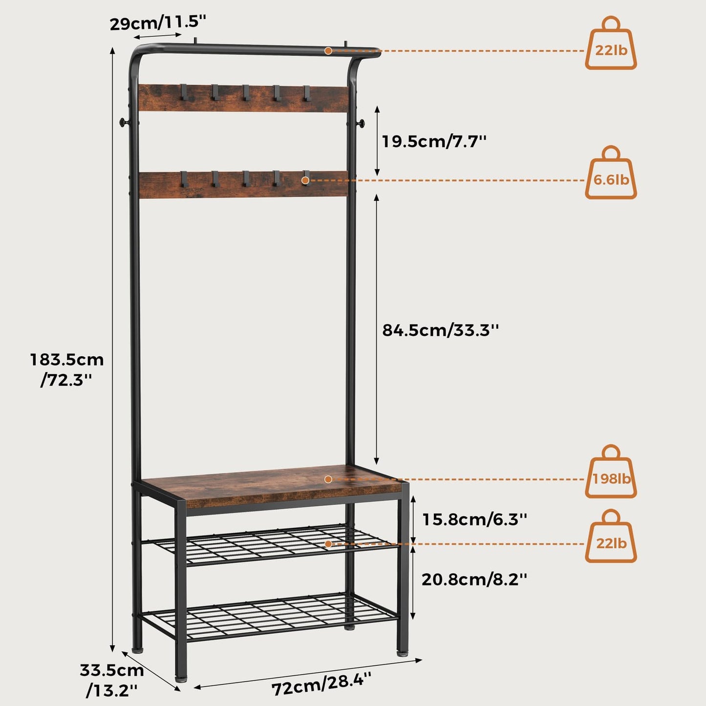 NEWBULIG Hall Tree with Shoe Bench and Coat Rack, 4-in-1 Entryway Organizer with 10 Hooks and Storage Shelf, Rustic Wood Finish Entryway Bench for Mudroom, Living Room, Bedroom, Brown