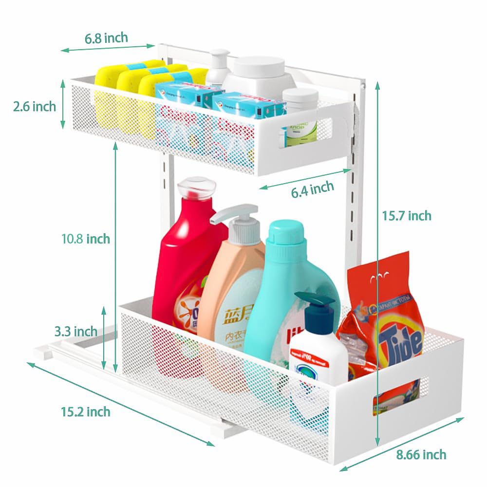 Under Sink Organizer Adjustable Height 2 Tier Bathroom Organizer Pull Out Cabinet Organer kitchen organizers and storage fridge organizers and storage,White,XL-1 Pack