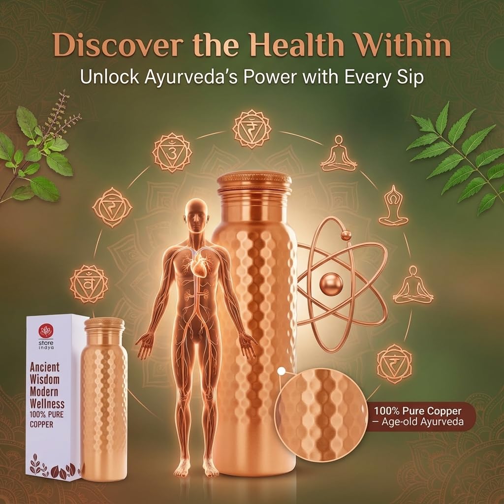 STORE INDYA Copper Water Bottle for Drinking Water 30 oz | 100% Pure Copper Ayurvedic Water Bottle with Leak-Proof Lid | Hammered Finish for Better Grip | Wellness Flask for Yoga, Office, Gym use