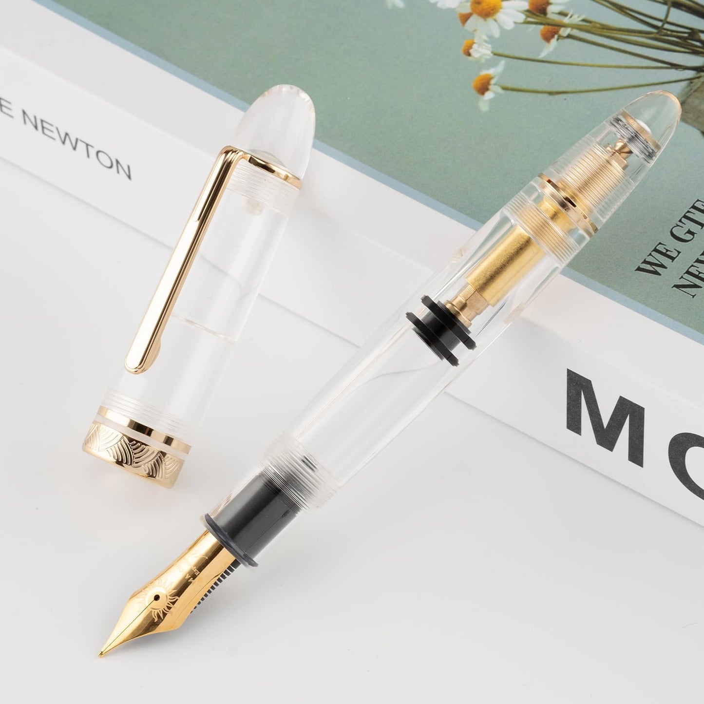 erofa Majohn P140 Piston Fountain Pen NO.8 Fine Nib, Large Capacity Transparent White Acrylic Writing Gift Pen with Box
