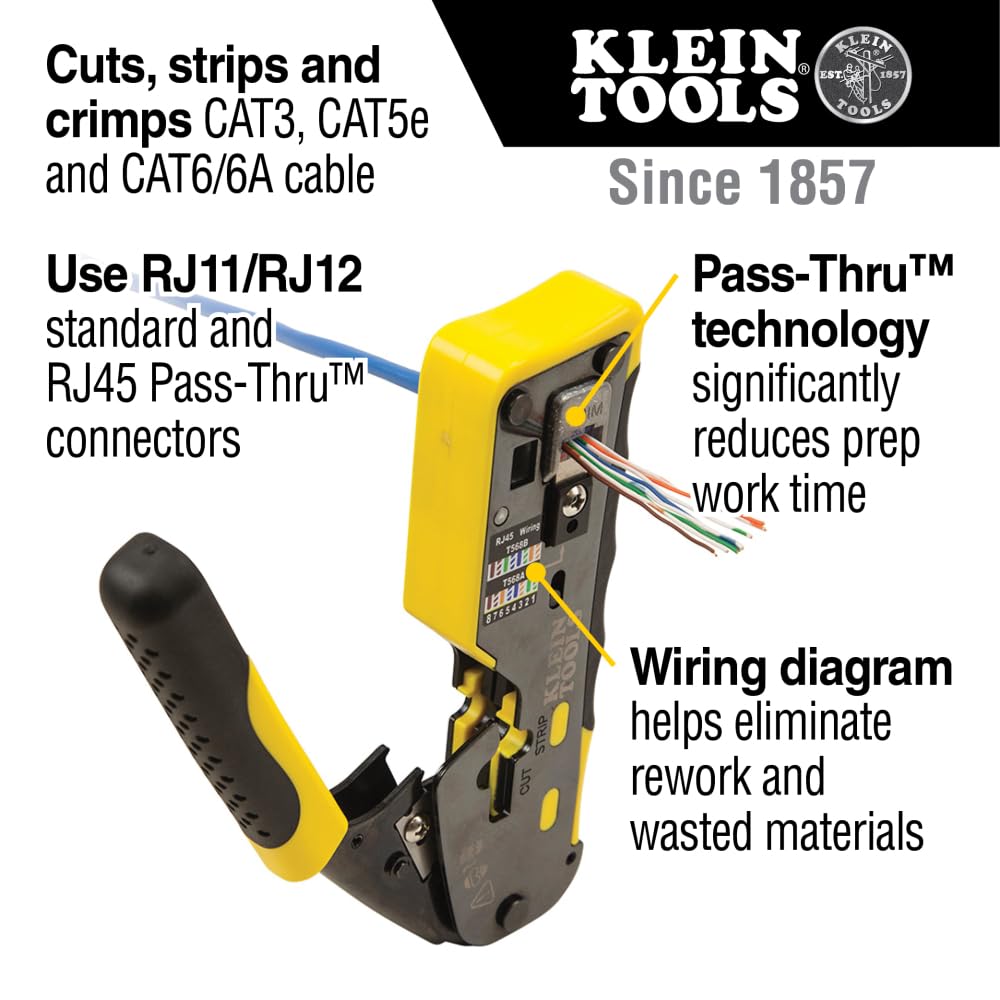 Klein Tools 80024 Ratcheting Data Cable and RJ45 Crimp Tool with CAT6 Plug 50-Pack, Pass Thru Installation Tool Kit