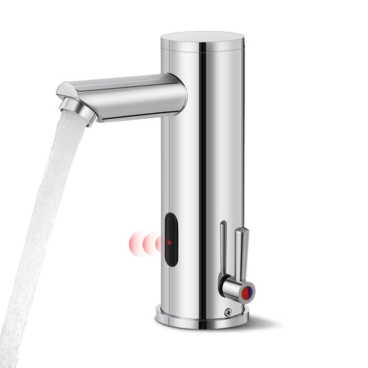 Automatic Touchless Bathroom Sink Faucet Sensor Motion Activated Commercial Hands Free Single Tap Temperature Control Adjustable Handle Auto Basin Brass Faucets for Home Vanity Chrome Polished Finish