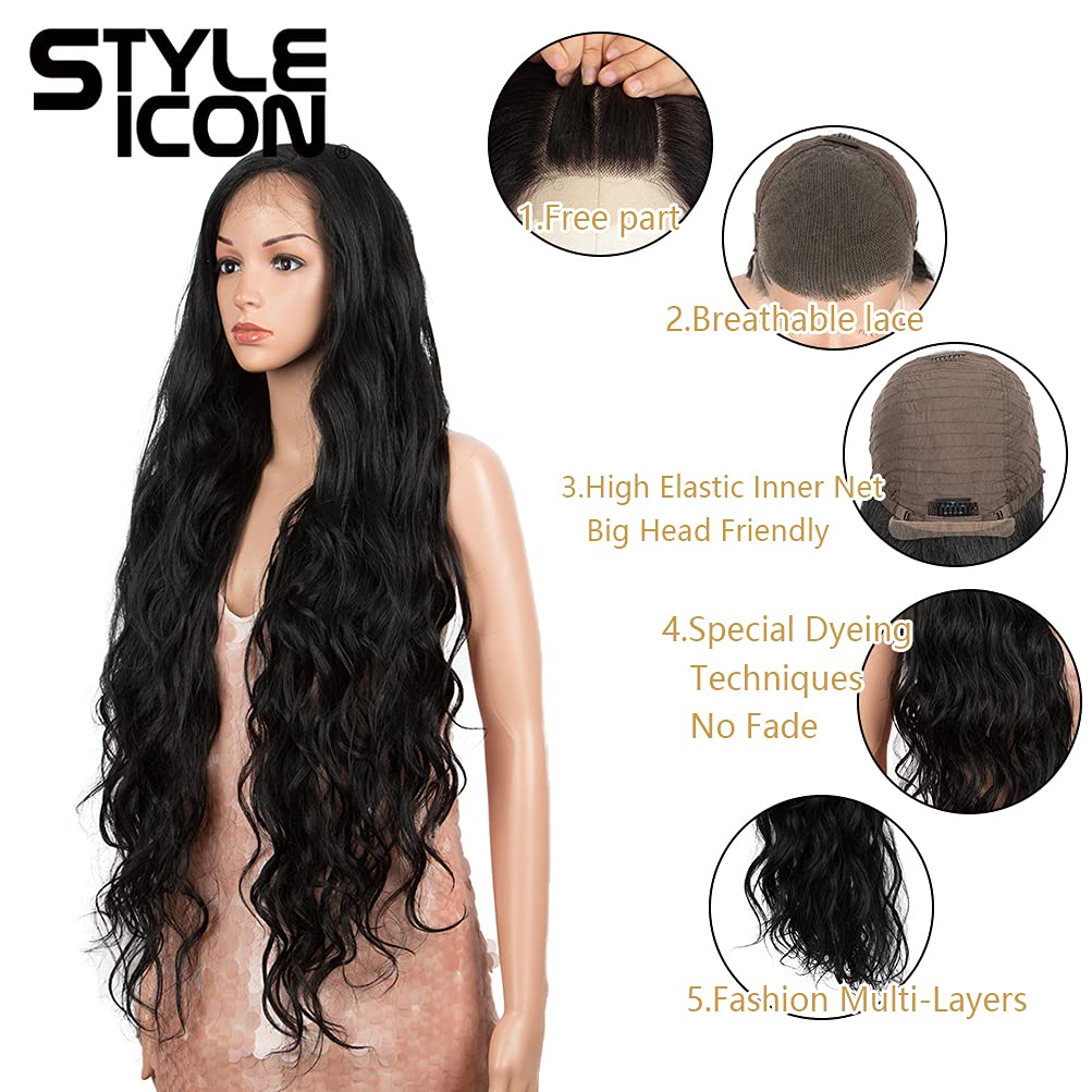 Style Icon Easy-360 Lace Wigs 36" Free Part Lace Frontal Wigs Super Long Wavy Wig Synthetic Wig (36 Inches, 1B)