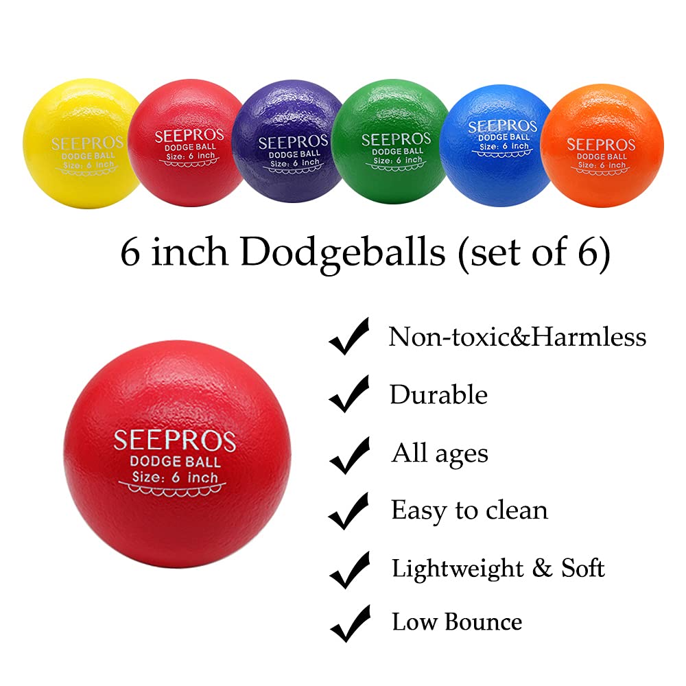SEEPROS Foam Dodgeball Set - Soft Skin, Low Bounce, Set of 6 with Mesh Storage Bag for Kids and Adults(6 inch)