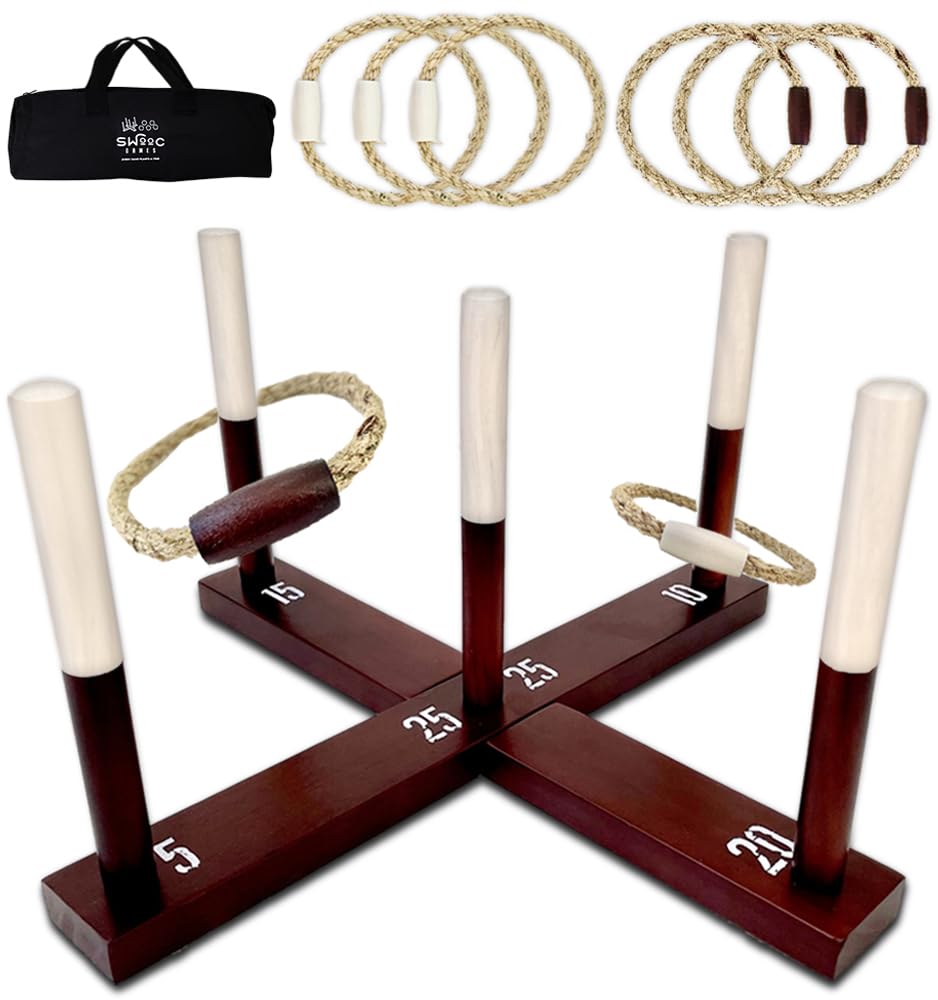 SWOOC Games - Rustic Ring Toss Game (All Weather) - Easy Setup & Extra Games Included - Outdoor Ring Toss Game for Adults and Kids - Yard Activity For Adults - Oversized Lawn Activity - Rope Throw Set