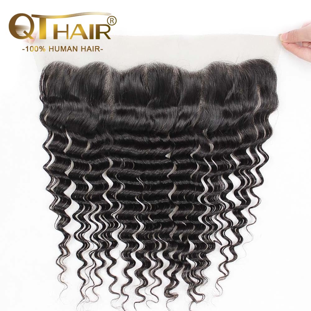 QTHAIR 14A 13x4 HD Lace Frontal Human Hair 20 Inch Deep Wave Frontal Pre Plucked with Baby Hair Ear to Ear Transparent Lace Frontal Closure 100% Virgin Deep Wave Human Hair Frontal 1B Natural Black