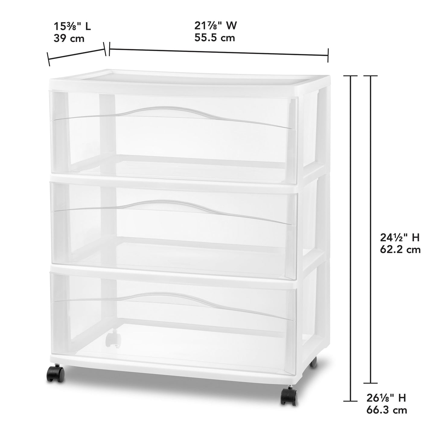 Sterilite Wide 3-Drawer Cart, Plastic Storage Organizer Drawers with Wheels, White - Rolling Multipurpose Bins for Dresser, Closet, Cabinet, Bedroom, Bathroom, and Office Organization