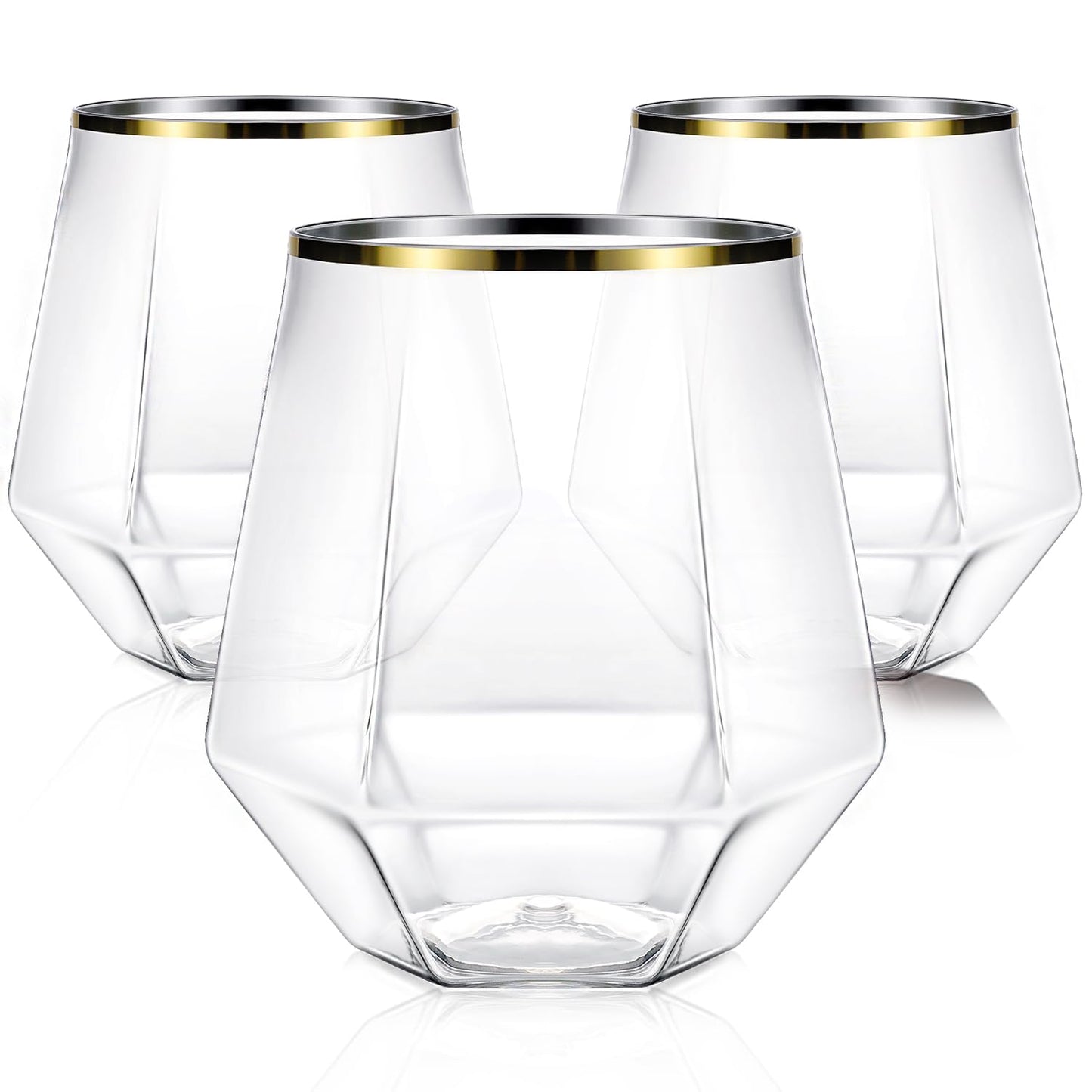 Maaacute 40 Pcak Plastic Stemless Wine cocktail Whiskey Champagne Glasses, 12 Oz Gold Rim Disposable Clear Unbreakable Cups for Party Bars Wedding Tasting (Diamond-shaped)