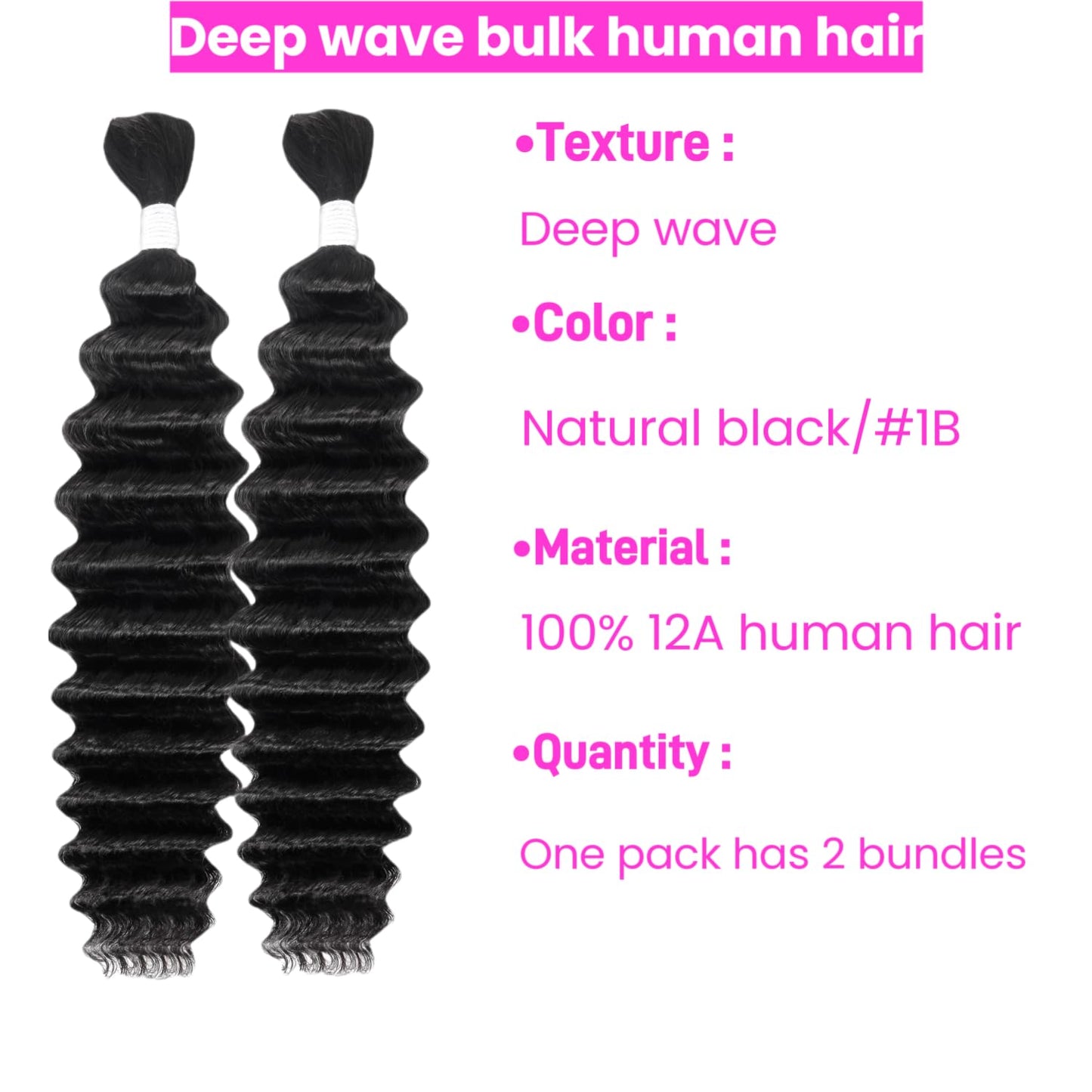 Deep Wave Human Braiding Hair 24Inch 2 Bundles 100g Bulk Human Hair for Braiding No Weft Human Braiding Hair for Boho Braids Wet and Wavy 100% Brazilian Virgin Curly Hair for Braiding Hair Extensions