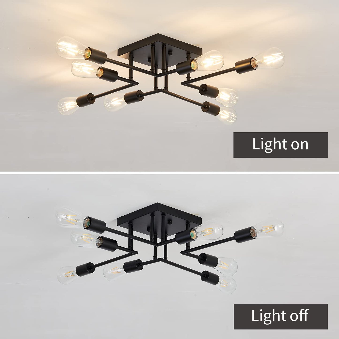 ASGYISA 8-Lights Semi Flush Mount Ceiling Light Fixture Modern Metal Black Sputnik Chandeliers with E26 Bulb Base Close to Ceiling Light for Kitchen Dining Room Living Room Hallway Bedroom