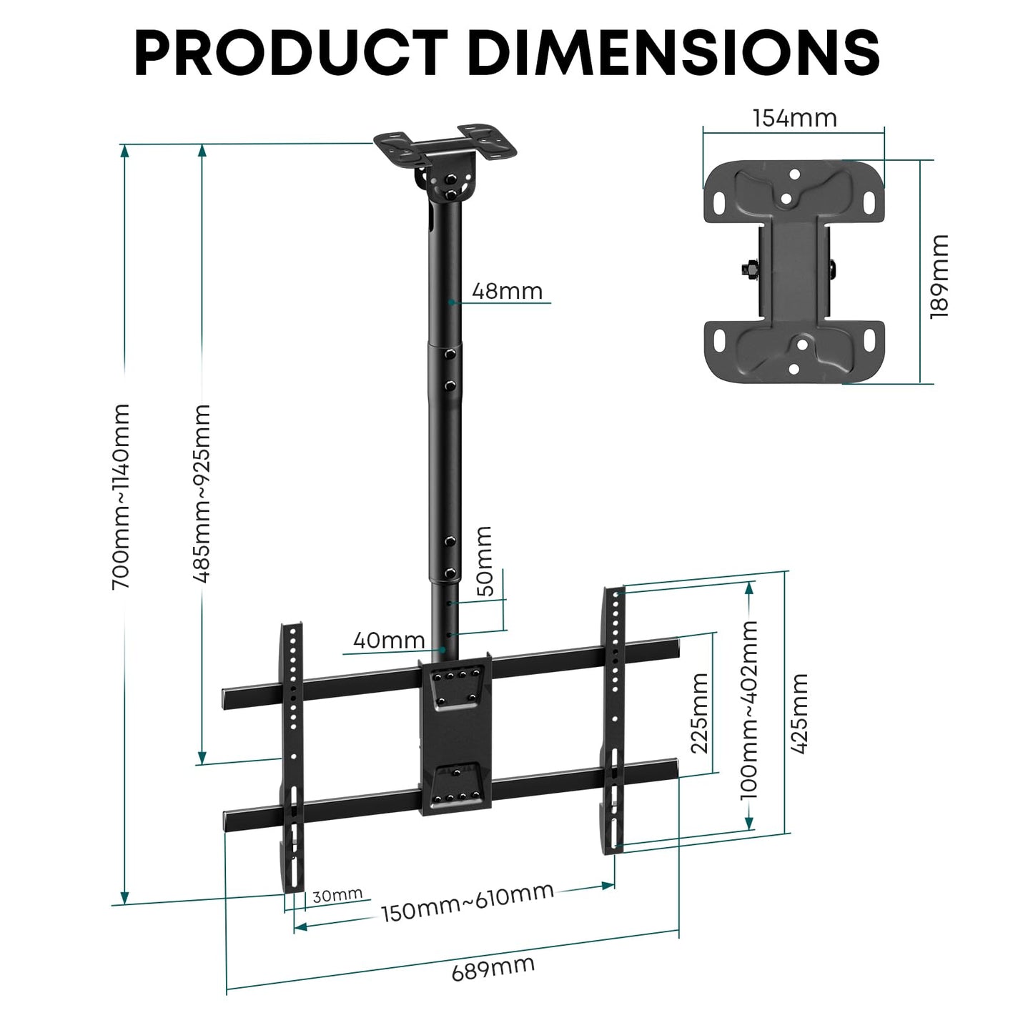 Ceiling TV Mount for 43-86 Screens, Hanging TV Bracket with Height Adjustable Pole Fits Most LCD LED OLED 4K TVs Supports up to 132lbs, Max VESA 600x400mm,Black