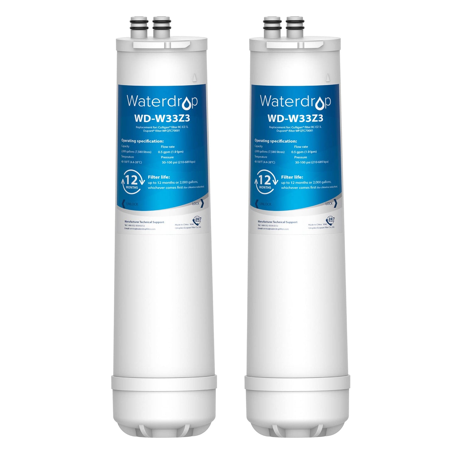 Waterdrop Advanced Water Filter Replacement - RC 3, EZ Change - 2K Gallons (Pack of 2) for Culligan, Brita, DuPont & More