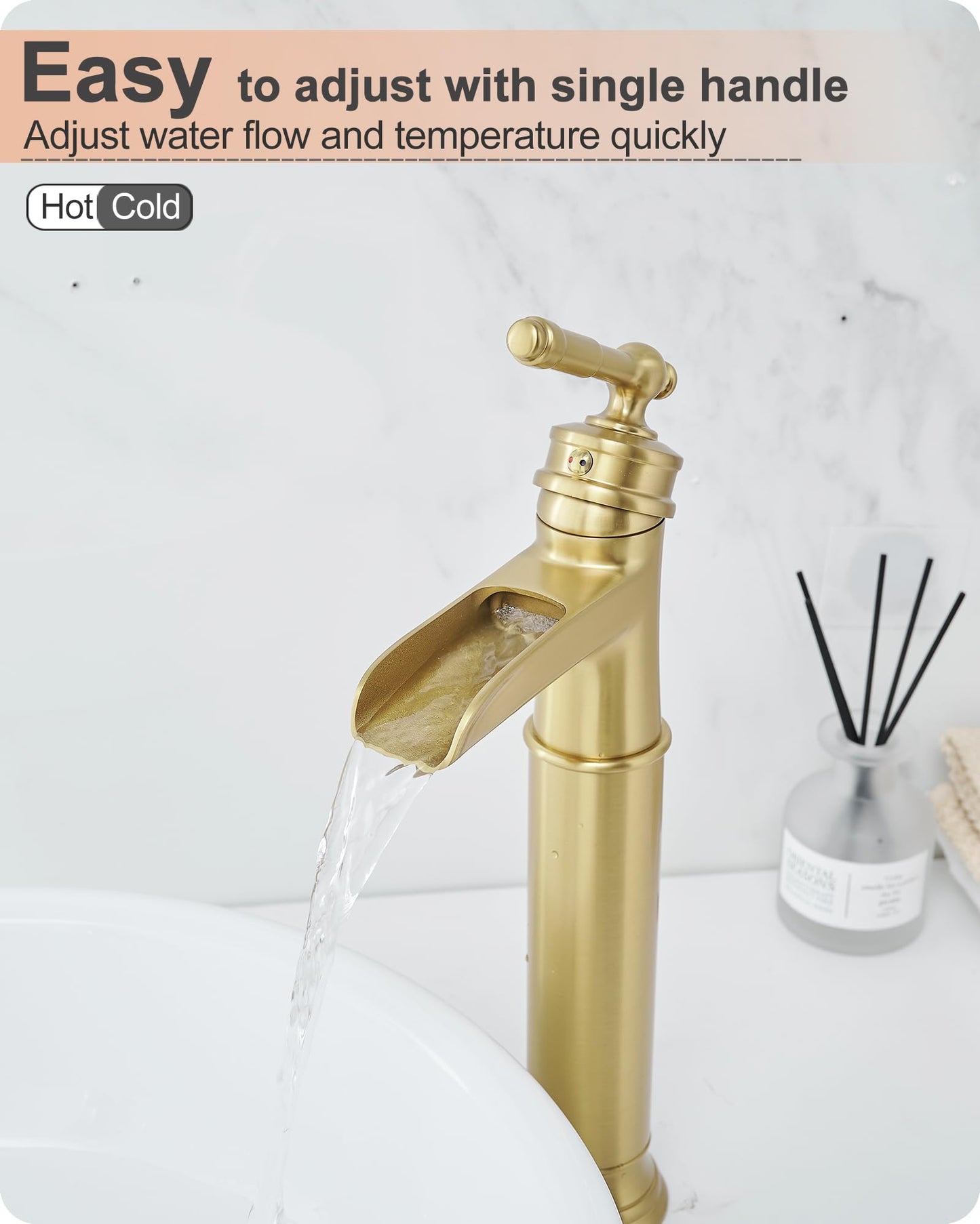 HOIGY Gold Vessel Sink Faucet, Brass Waterfall Tall Faucet for Bathroom Sink 1 Hole with Single Handle, Pop-up Drain & cUPC Water Hoses for Antique Bowl Basin Save Water