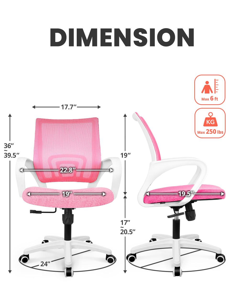 NEO CHAIR Office Desk Computer Chair Ergonomic Mesh Gaming Cushion Seat with Comfy Lumbar Mid Back Support Adjustable Height Swivel Rolling Wheels for Home Task (Pink)