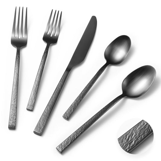 40-Piece Black Hammered Silverware Set for 8，Forged 18/10 Stainless Steel Flatware Set，Premium Food-Grade Cultery Set with Unique Ripple Design Handles ，Heavy Duty Tableware Set，Service for 8