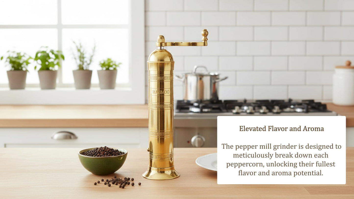 Makimoo Original Greek Pepper Mill, European Style Salt and Pepper Grinder, 9-Inch (Brass)