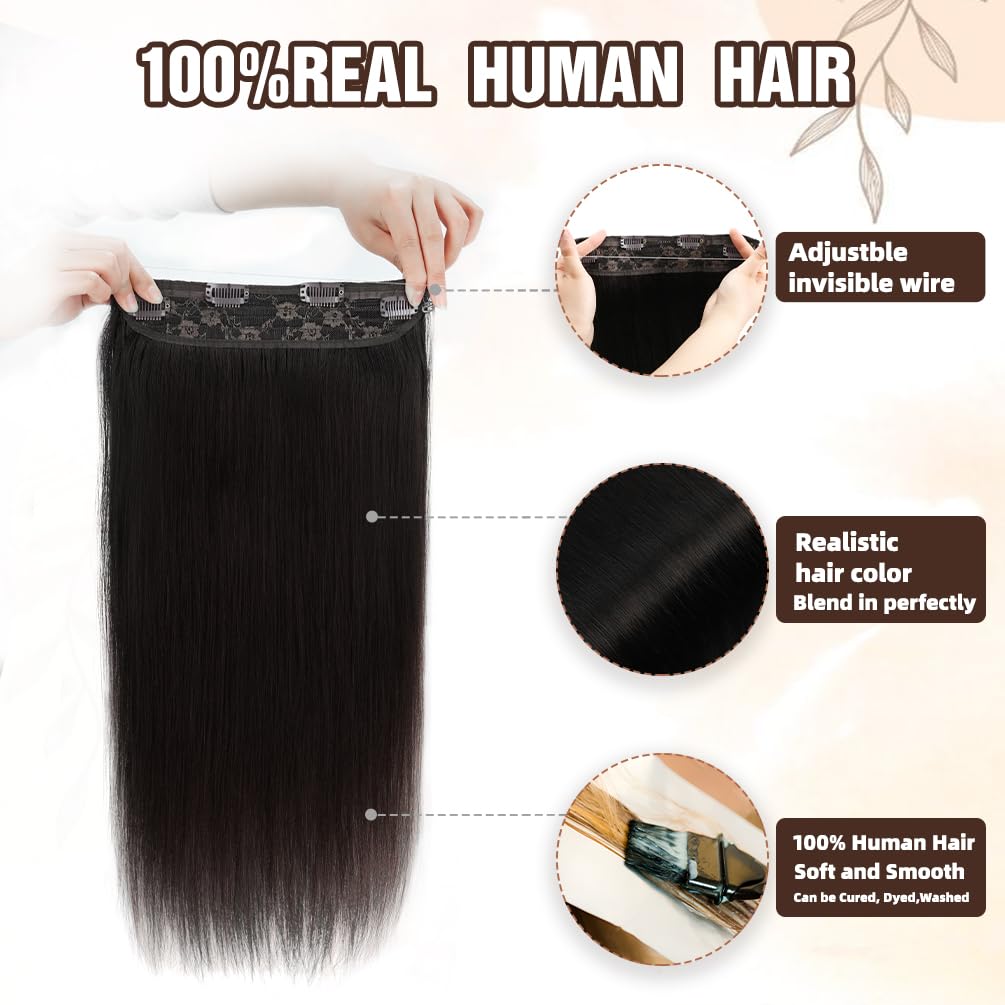 Invisible Wire Hair Extensions Real Human Hair - 16 Inch 80G Jet Black Transparent Fish Line Clip-Ins Hair Piece, 100% Remy Human Hair Extensions for Women
