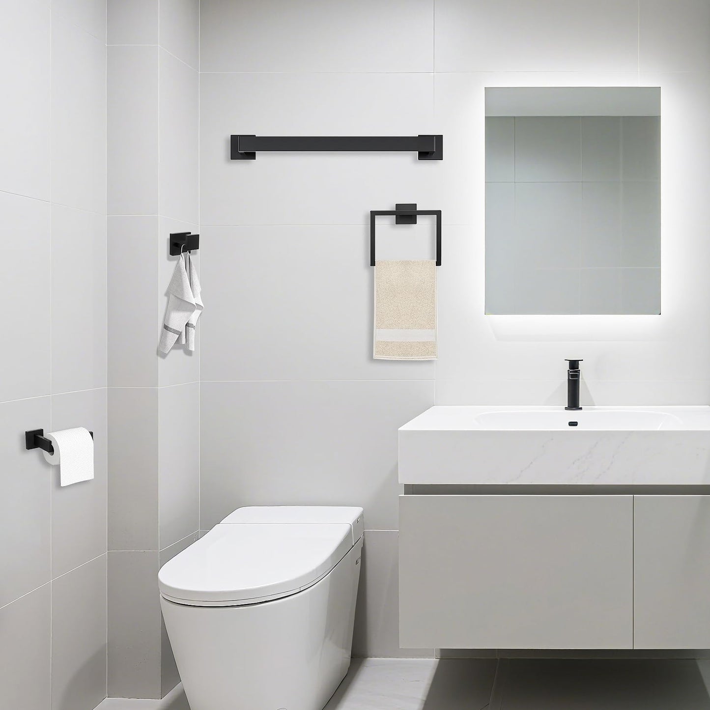 JOPOFI 5 Piece Bathroom Towel Bar Set - 23.6 Inch Bathroom Towel Holder, Thicken Stainless Steel Towel Racks for Bathroom Wall Mounted, Bathroom Hardware Accessories Set - Matte Black