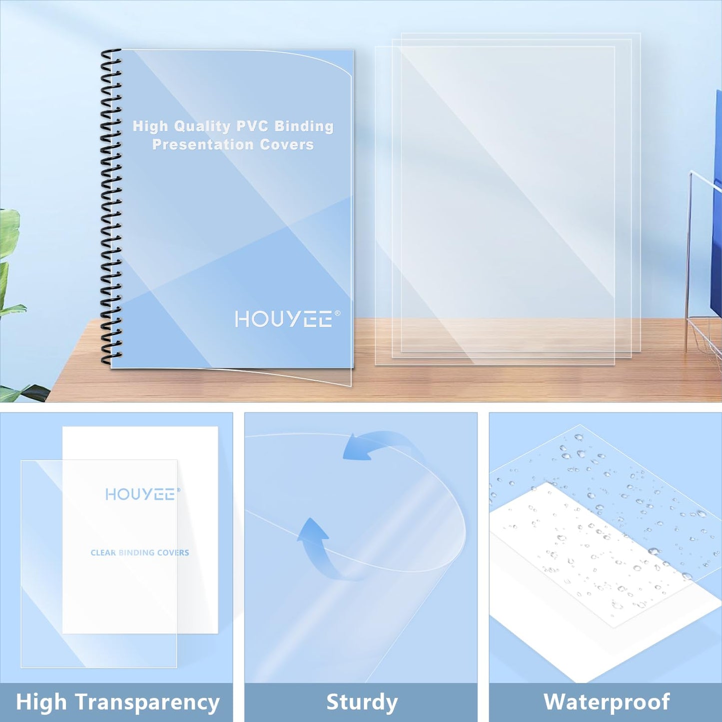 HOUYEE 200 Pack 10 Mil PVC Binding Presentation Covers, Clear Report Cover Sheets for Binding, Square Corner, 8.5 x11 Inches, Letter Size
