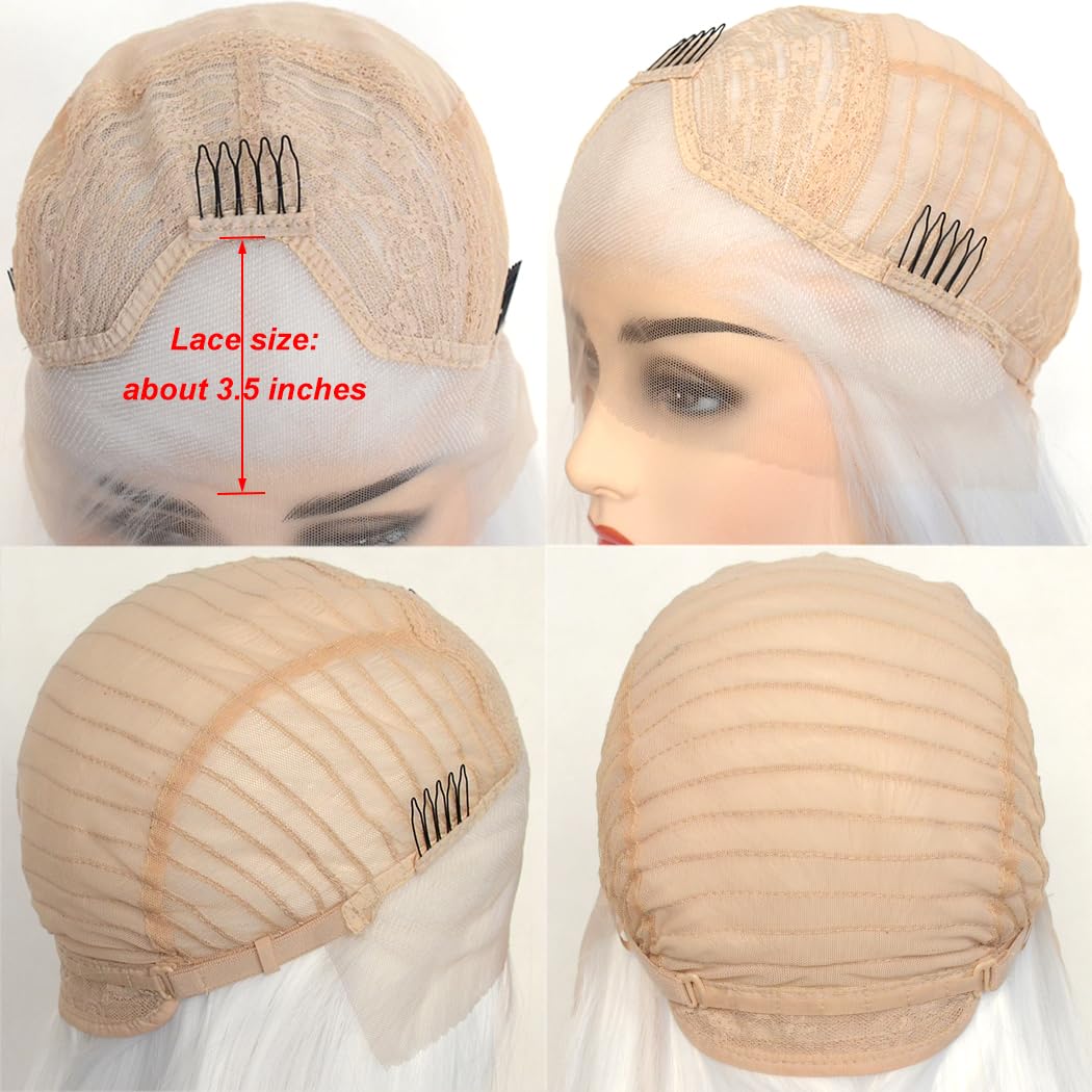 BLUPLE White Lace Front Wig Short Wavy Bob Style Platinum White 1001# Loose Wave Curly Synthetic Hair Side Part Half Hand Tied Replacement Full Wigs 12 Inches for Women Girls