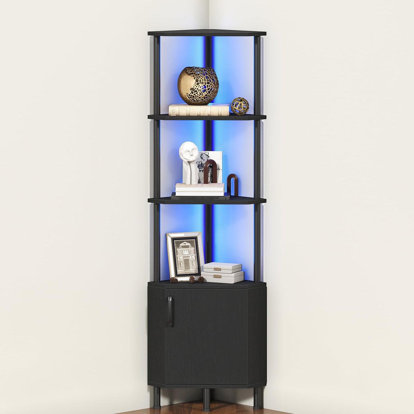 HOOBRO Corner Cabinet with LED Light, Corner Shelf Stand with Storage and Doors, 5-Tier Industrial Corner Bookshelf, 59” Tall Display Rack Shelf, for Living Room, Kitchen, Black BB147DCJ01