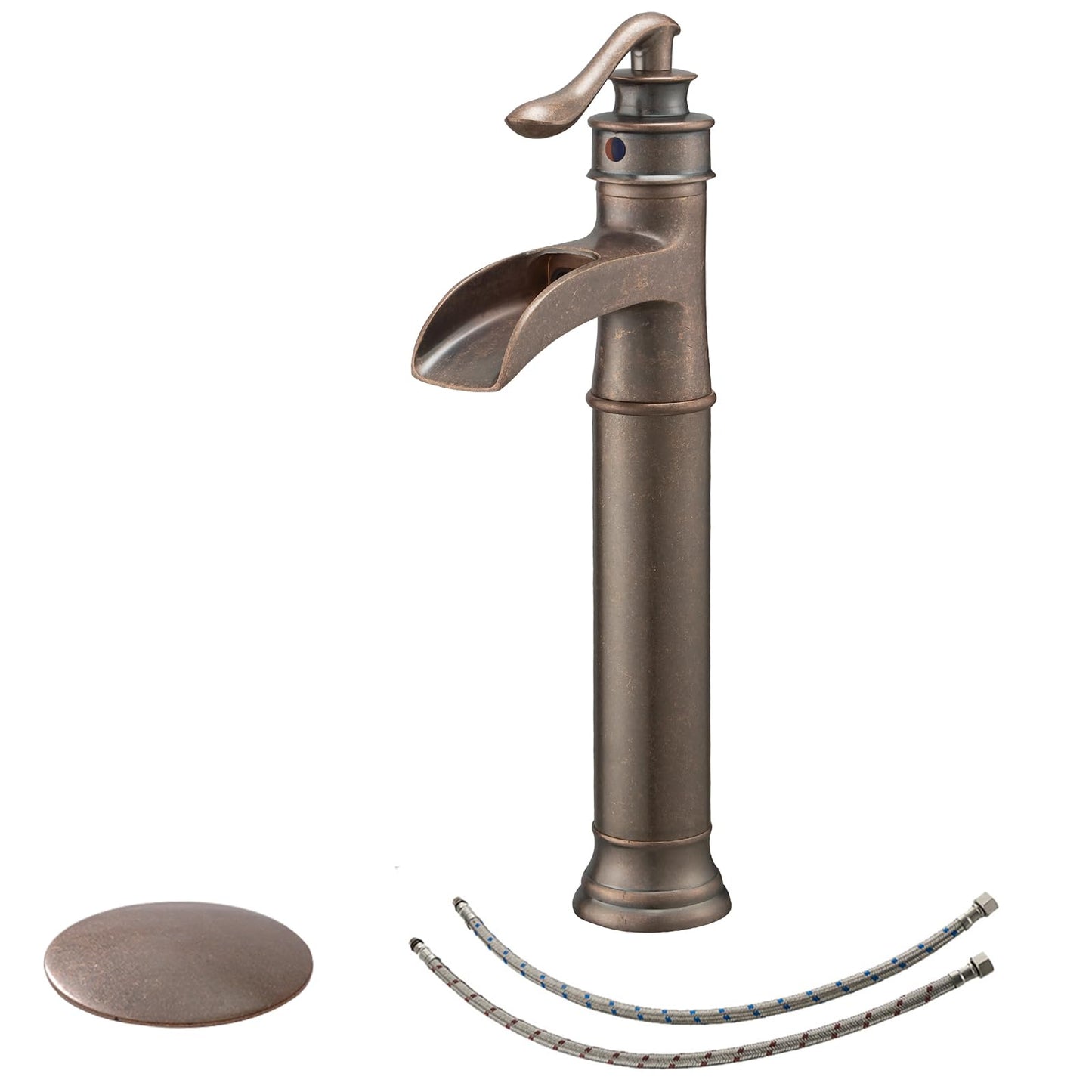 BWE Vessel Sink Faucet Waterfall Antique Copper Single Hole with Pop Up Drain Stopper Without Overflow and Supply Lines One Handle Vanity Basin Bath Sink Mixer Tap