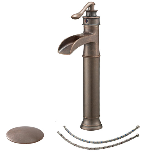 BWE Vessel Sink Faucet Waterfall Antique Copper Single Hole with Pop Up Drain Stopper Without Overflow and Supply Lines One Handle Vanity Basin Bath Sink Mixer Tap