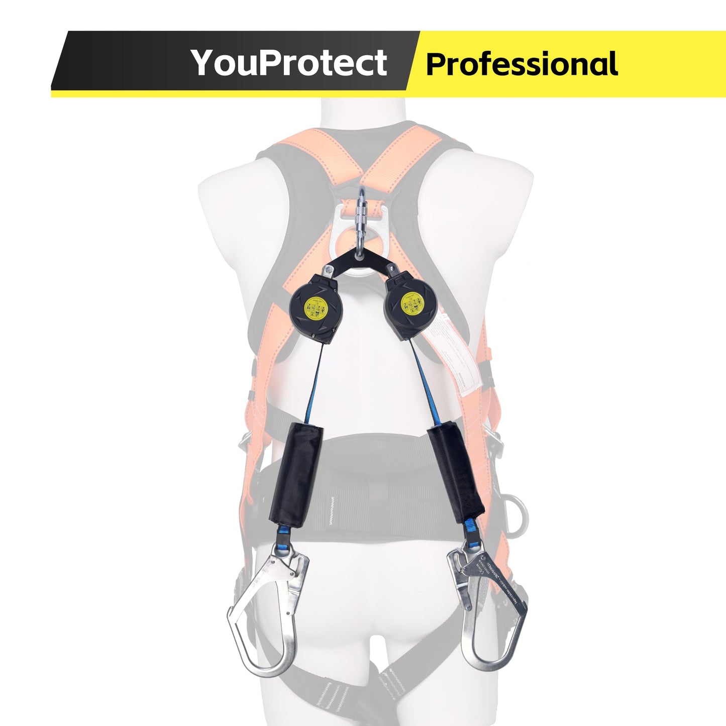 6 FT Dual Leg Self-Retracting Lifeline Web Lanyard Retractable, 2.36 inch Gate Opening Twin Steel Locking Hooks, Double Yoyo, Shock Absorber | Fall Protection OSHA & ANSI Compliant SRL