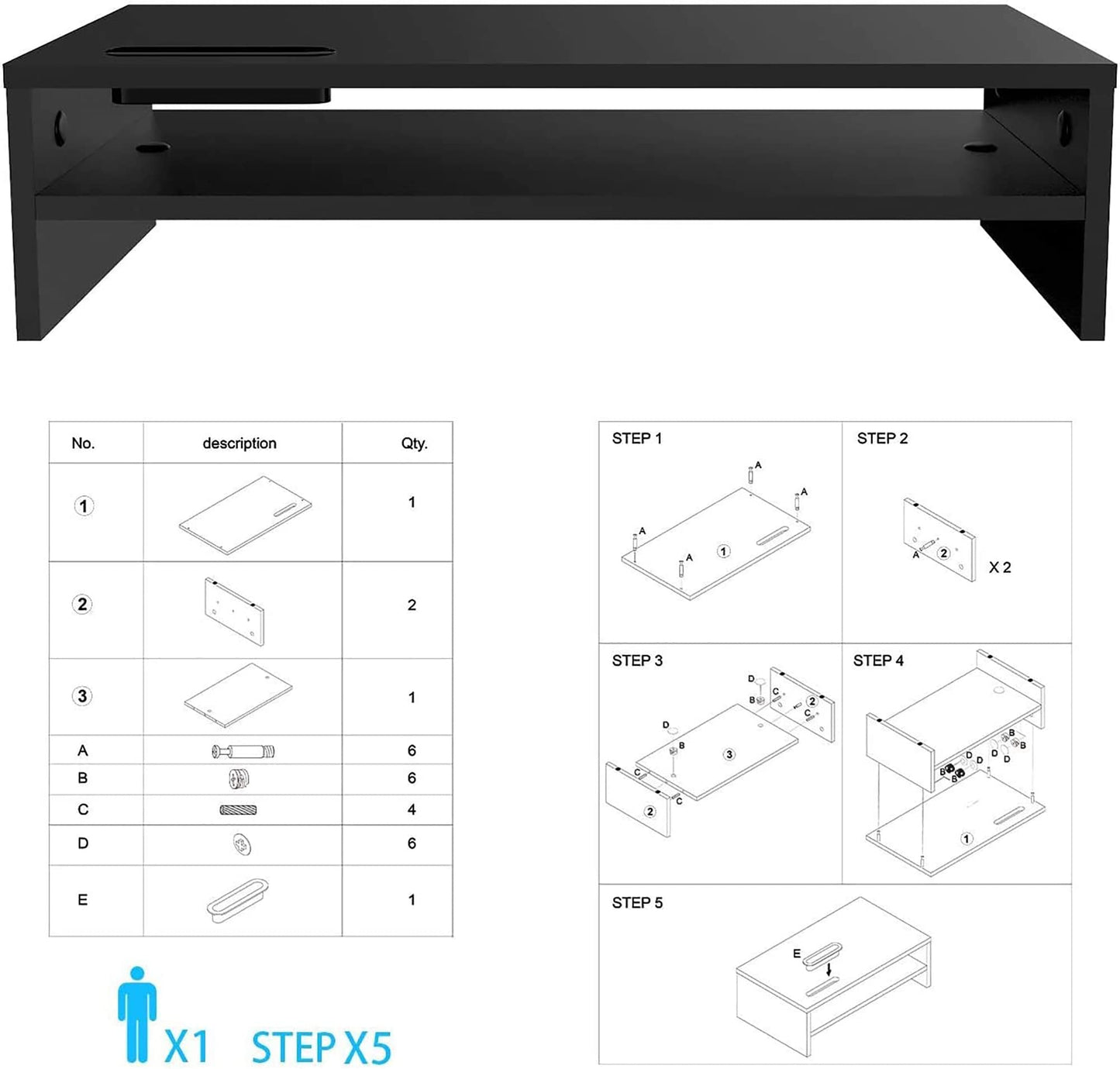 BONTEC Wood Monitor Stand Riser, 2-Tier Desktop Organizer with Storage, Ergonomic Computer Stand for Desk, Cable Management, Cellphone Holder, 21.3 Inch Shelf, Black