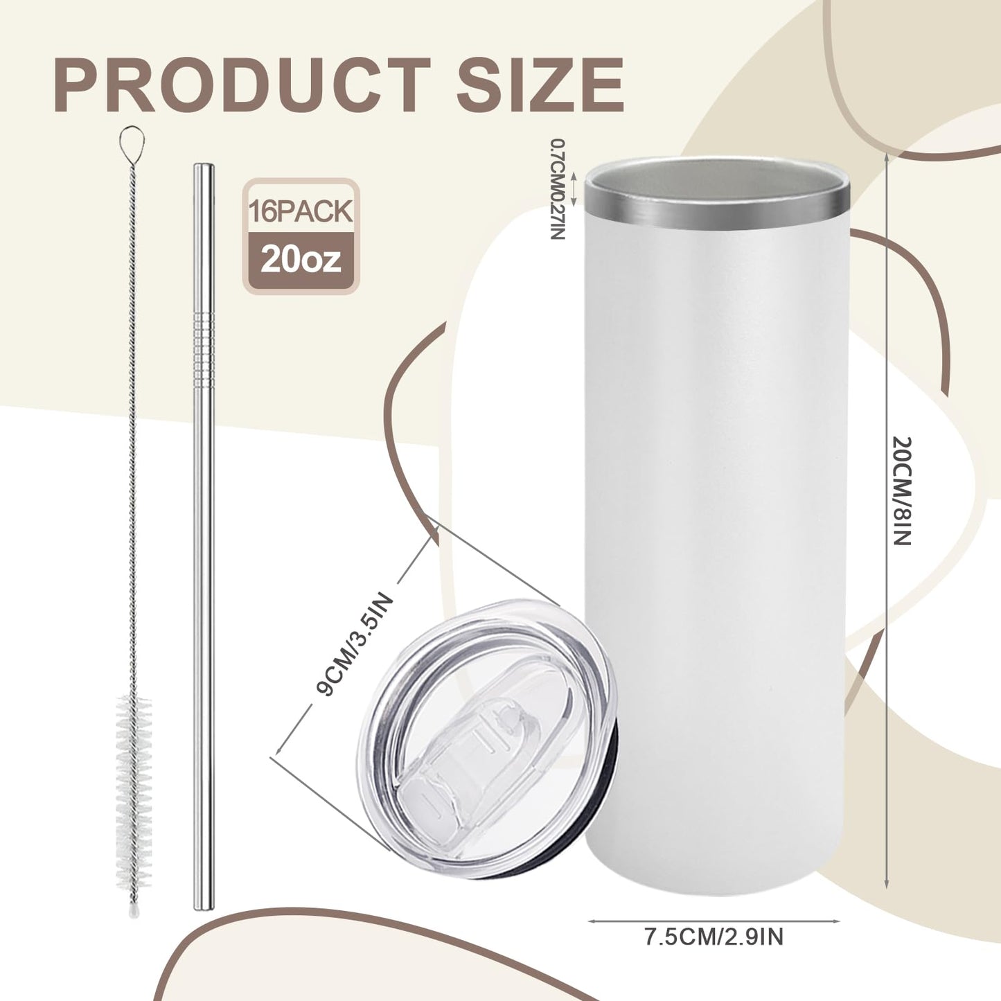 YOUKE OLA 16 Pack Stainless Steel Skinny Tumblers Bulk Straight Double Wall Powder Coated Insulated Tumbler with Lid and Straw for Laser Engrave, DIY Gift, 20oz White