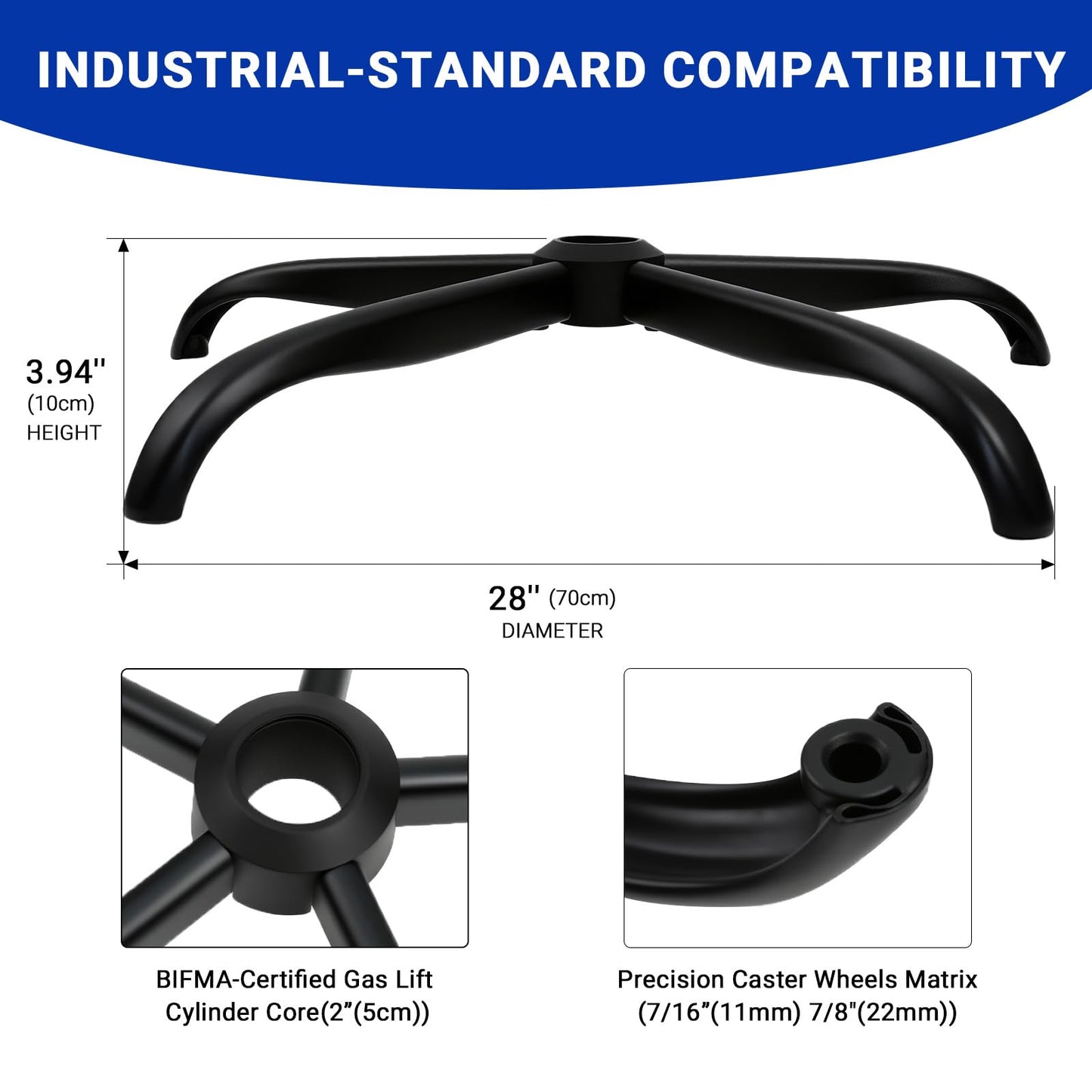 Rythalix 28" Heavy Duty Office Chair Base Replacement Parts for Most Office/Desk Chair - 2400 Lbs Capacity Matte Black Metal Chair Legs with Universal Casters Sockets