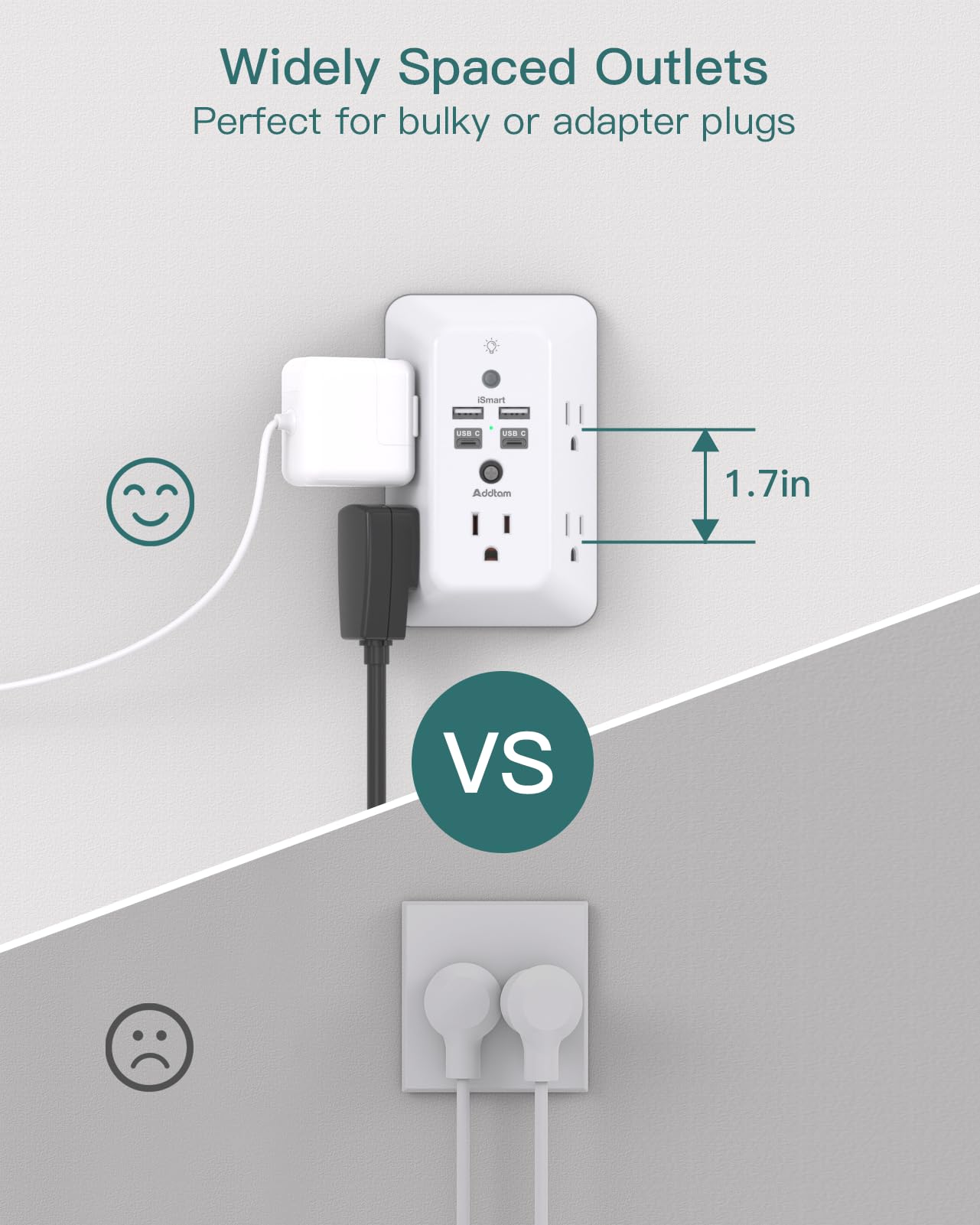 Surge Protector, Outlet Extender with Night Light, Addtam 5-Outlet Splitter and 4 USB Ports(PD 20W), Multi Plug Wall Outlet Power Strip for Home Office Dorm Room Essentials