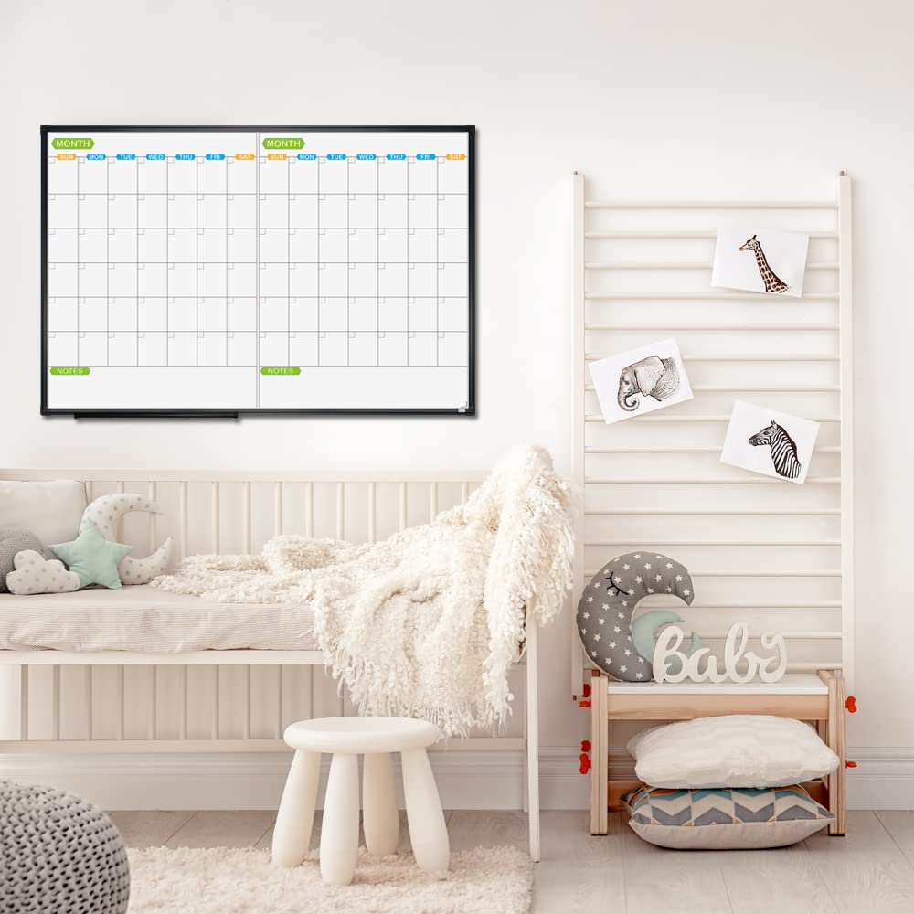 JILoffice Magnetic Dry Erase Calendar Whiteboard, 2 Month White Board Planner 36 X 24 Inch, Black Aluminum Frame Wall Mounted Board for Office Home and School