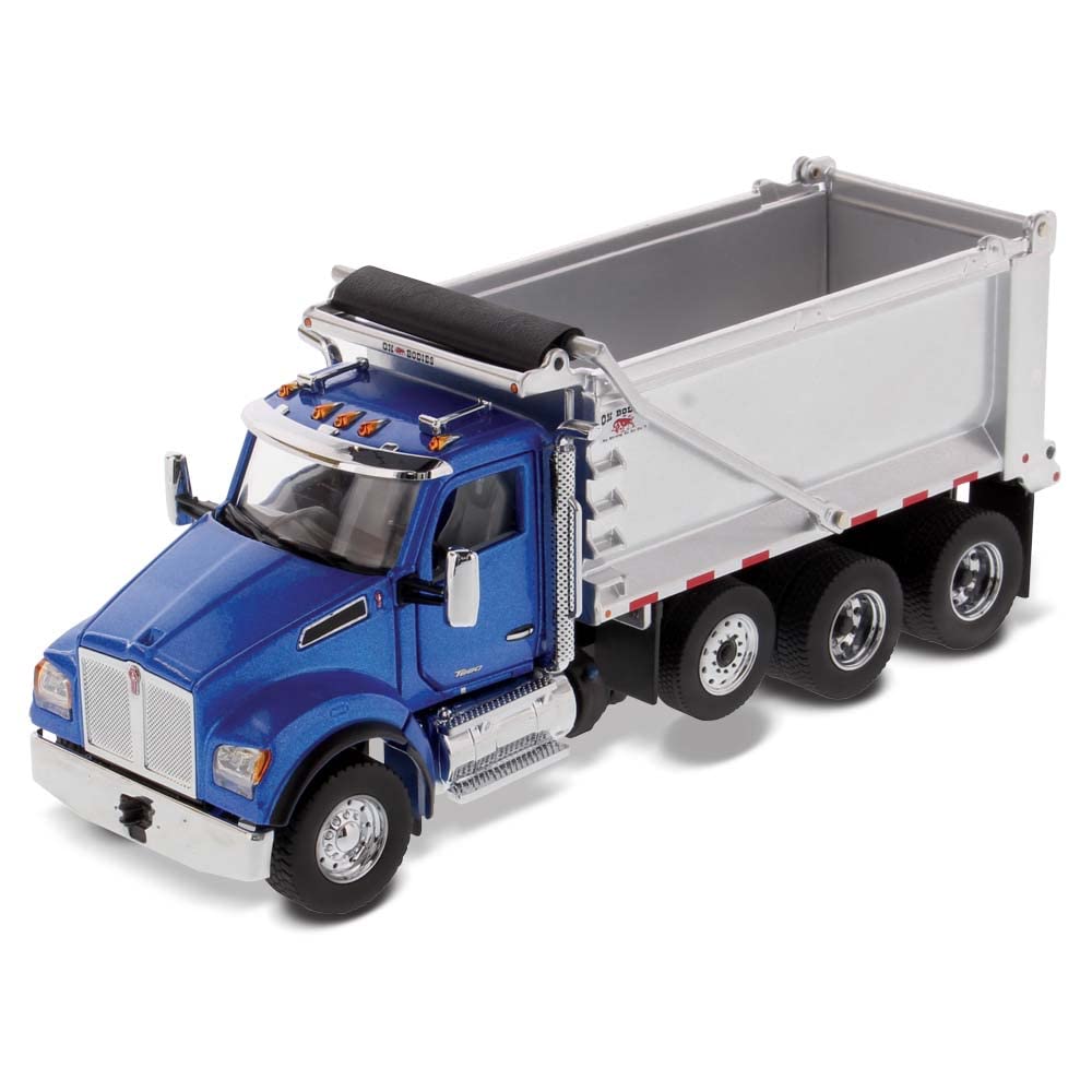 Diecast Masters 1:50 Scale Kenworth T880S SFFA Dump Truck - Tandem with Pusher Axle & Interior Ox Bodies Stampede Dump Cab | Transport Series | Metallic Blue Model 71078