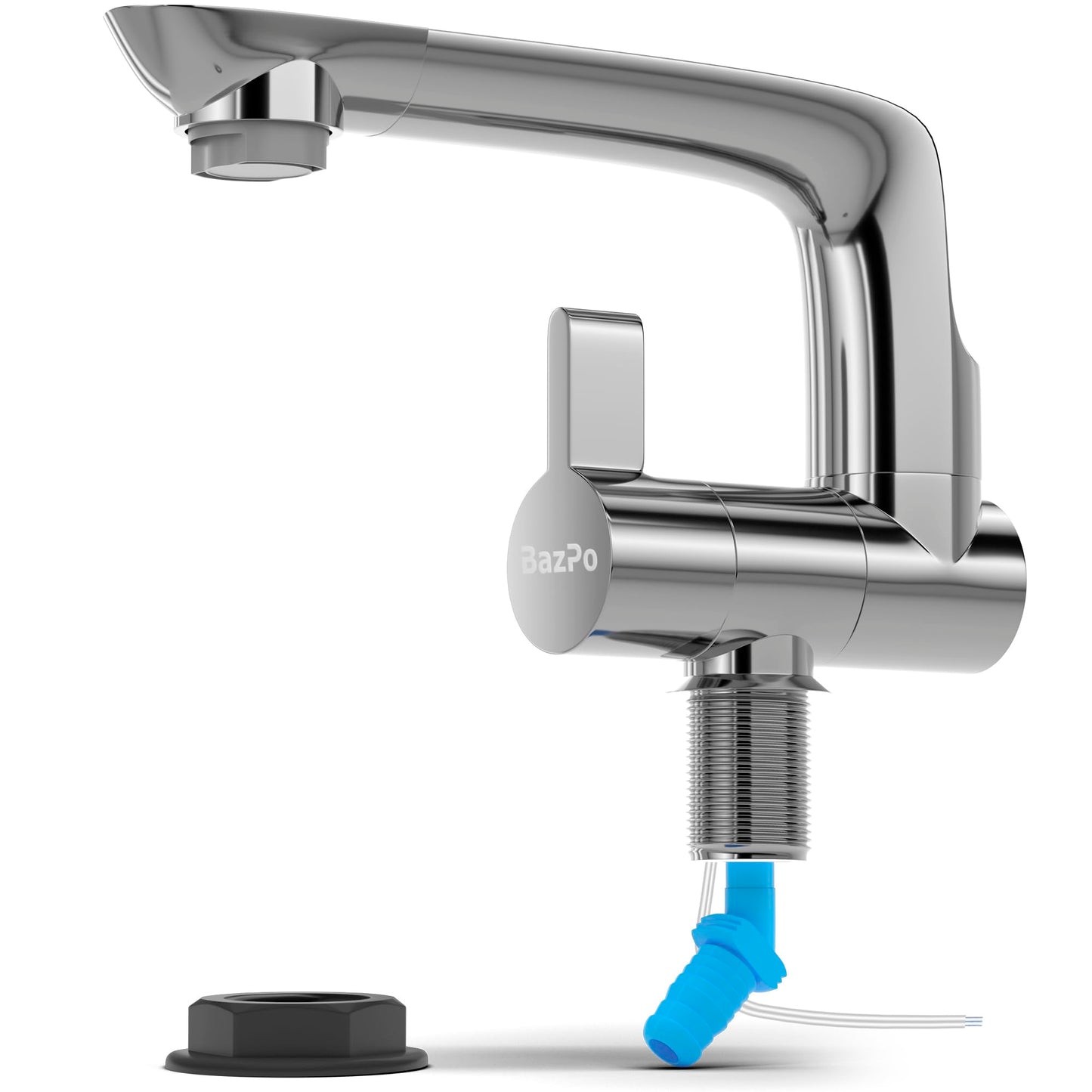 Bazpo 12V Faucet with Switch – German Made 1.5 BAR | Cold Water RV Sink Electric Faucet 360° Swivel Spout, 6A | for Camper Vans, Trailers, Marine Use | Single Hole – 12V Pump Compatible (Chrome)