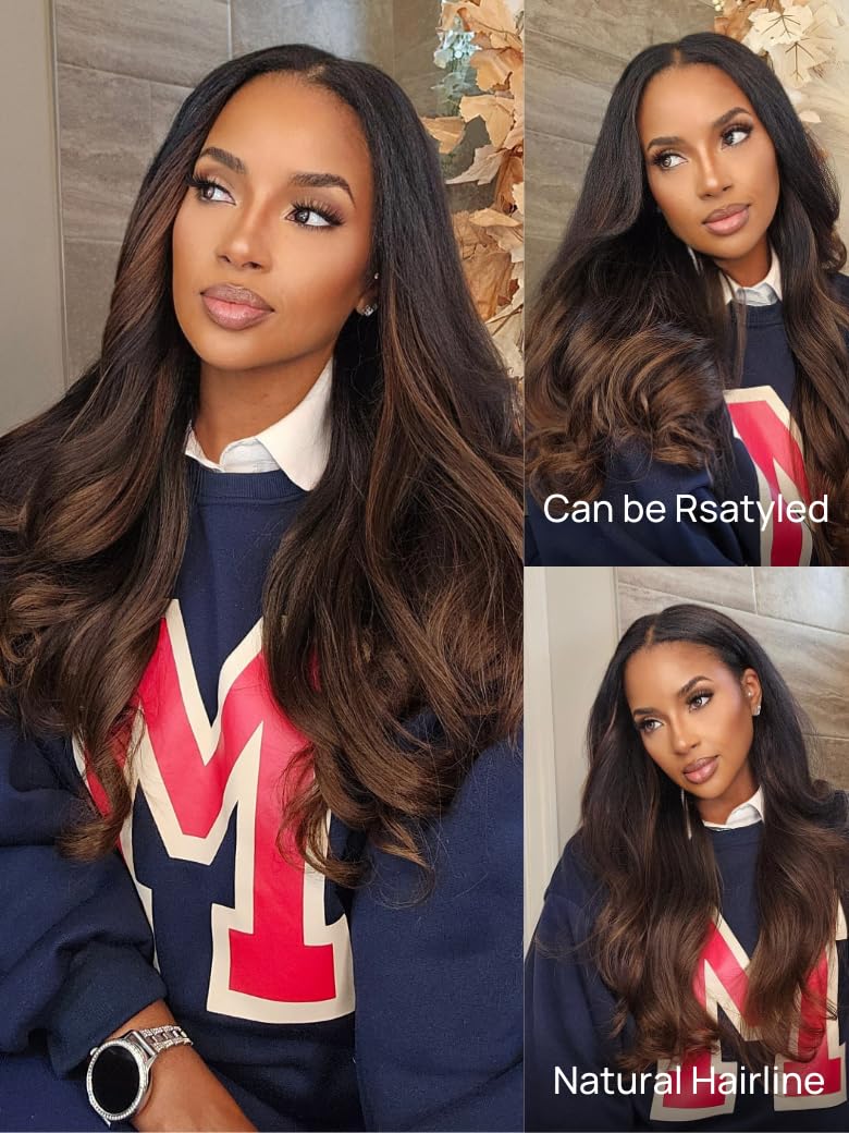 Nadula V Part Yaki Straight Glueless Wig Human Hair Balayage Brown Upgraded U Part Wigs, Highlight Straight V-part Wigs V Shape Clip in Half Wig No Glue Wear and Go No Leave Out 16inch
