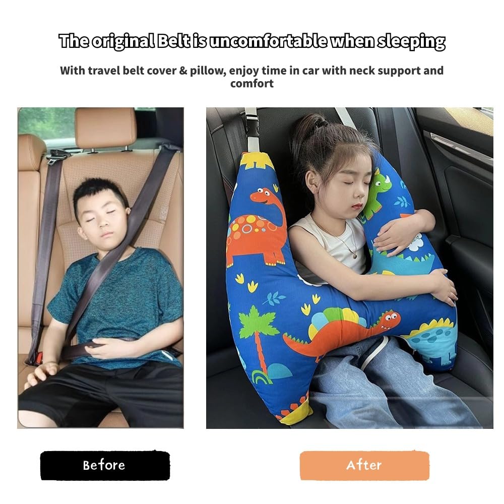 eaonitu Travel Pillow Car Cushion for Kids 6 Years Old+ Shoulder Neck Back Support & Seat Belt Comfort, Road Trip Cozy Sleeping Gift for Young Travelers, Parents, Families, Baby Shower (Dinosaur Blue)