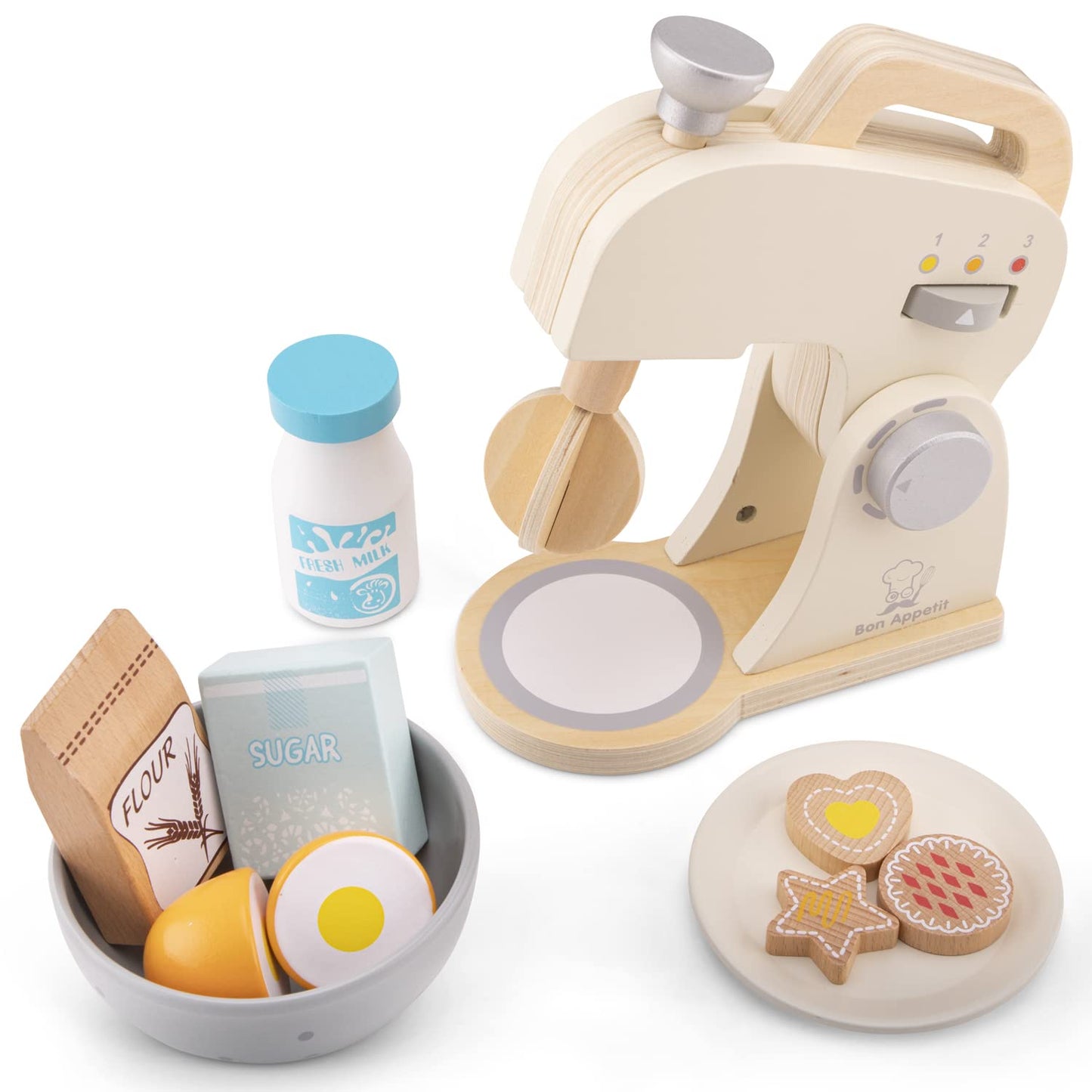 New Classic Toys Wooden Mixer Set Pretend Play Toy for Kids Cooking Simulation Educational Toys and Color Perception Toy for Preschool Age Toddlers Boys Girls , Red,White