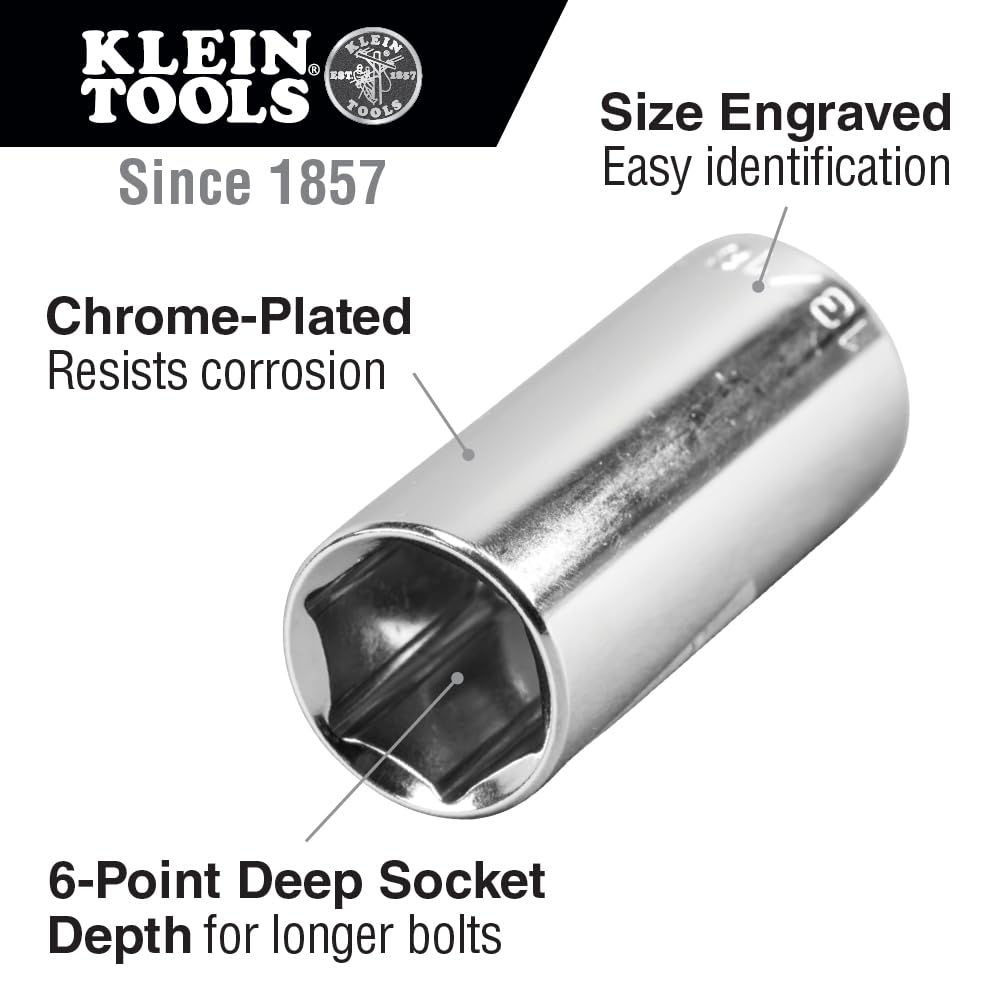 Klein Tools 65508 3/8-Inch Drive Socket Wrench Set with 6-Point, 12-Point, and 6-Point Deep Sockets in SAE Sizes, Case Included, 20-Piece
