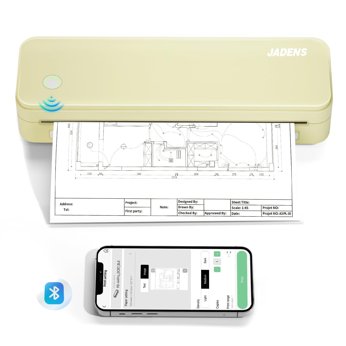 JADENS Portable Printers Wireless for Travel, Thermal Inkless Printer, Support 8.5" X 11" Thermal Paper(Yellow)