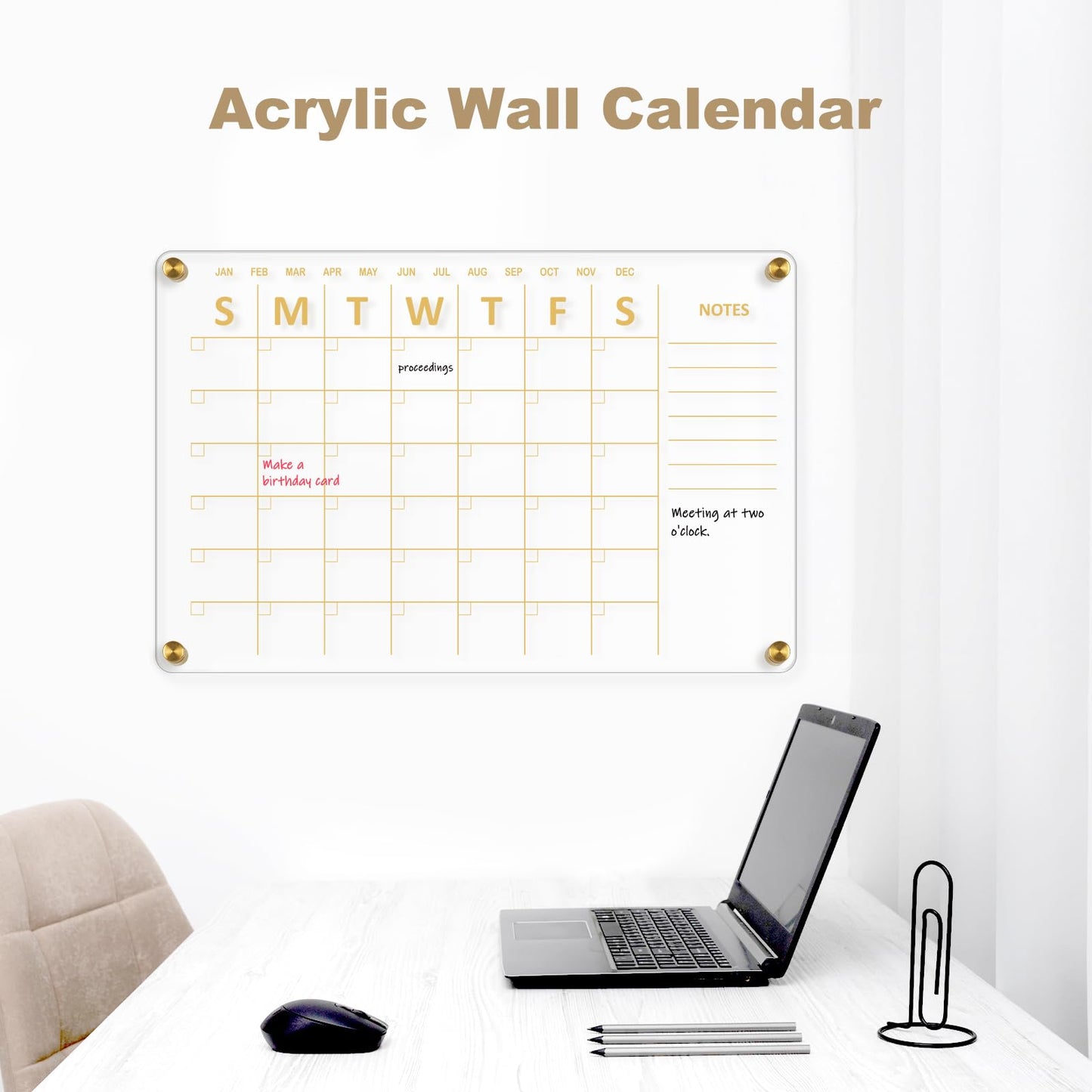 AMUSIGHT Large Acrylic Calendar for Wall, 24" X 16" Golden Clear Acrylic Wall Calendar, Clear Wet & Dry Erase Calendar Hanging Frameless Monthly Planner for Office, Home or School, 2 Markers