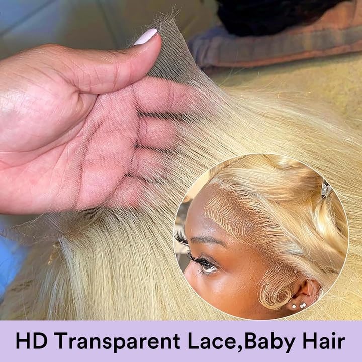SIYUSI 28Inch 613 Lace Front Wig Human Hair,13x4 HD Transparent Lace, 200% Density Straight Brazilian Blonde Wig, Pre-Plucked with Baby Hair