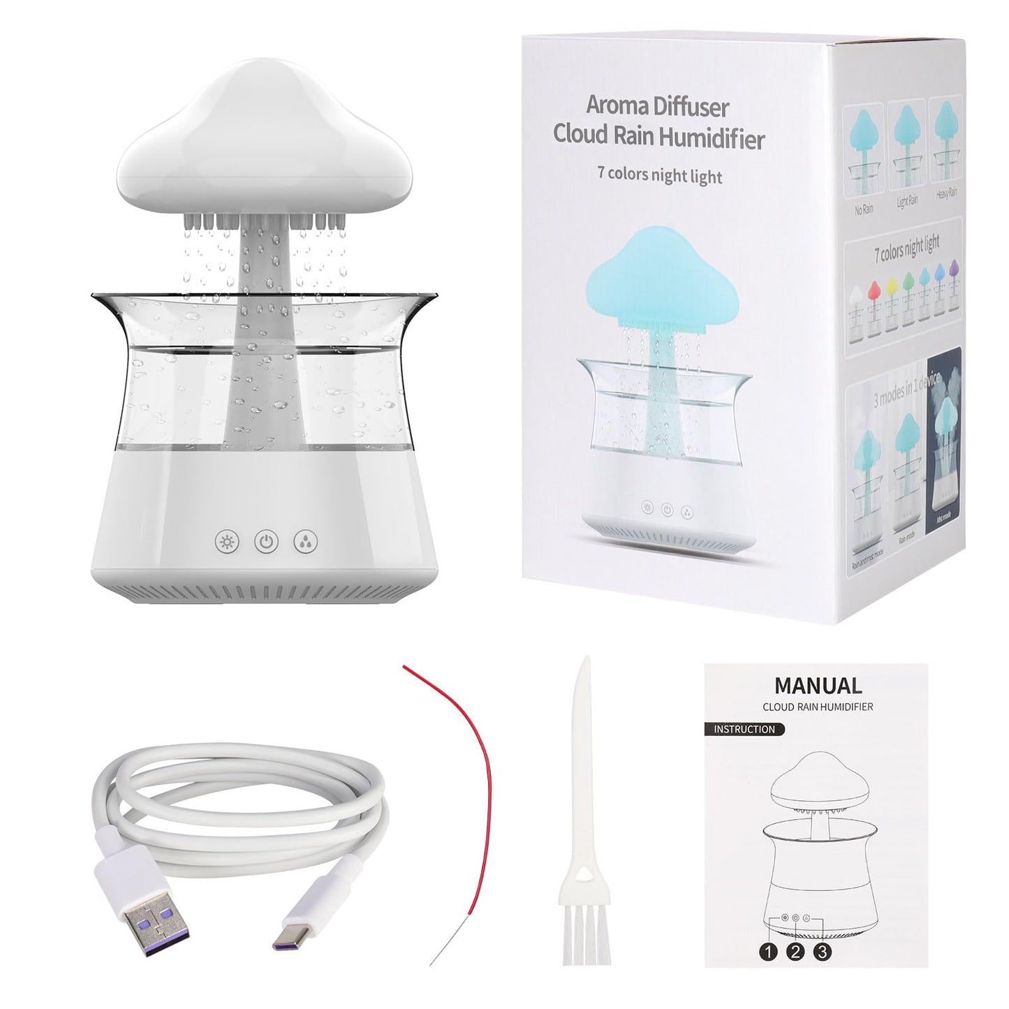 Cloud Rain Humidifier for bedroom with Soothing Rain Sounds - Bedroom Sleep Aid, Waterfall Night Light, Mushroom Design Air Moisturizer for bedroom and living room (White)