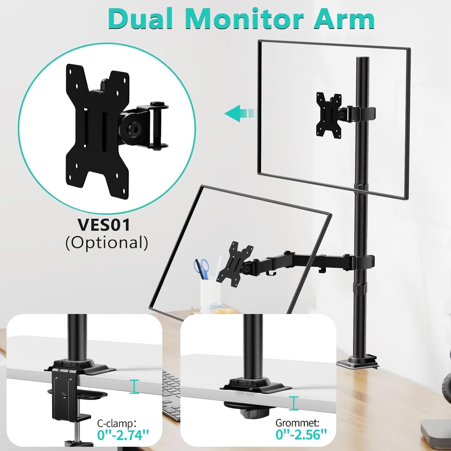 WALI Monitor Arm Mount for Desk, Single Extra Tall Computer Desk Mount, Monitor Bracket Mount Stand Single, up to 32 inch, 22 lbs (M001XL), Black