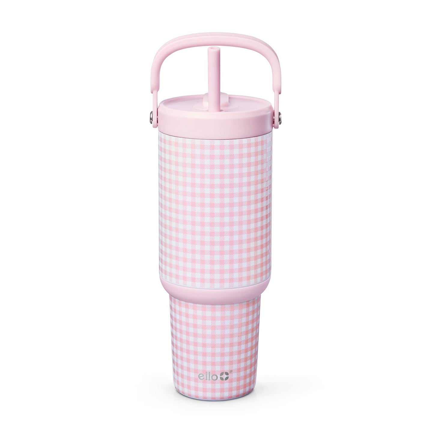 Ello Oasis Go+ 32oz Tumbler with Top Handle and Retracting Straw | Reusable Insulated Stainless Steel Cup, 100% Leakproof Water Bottle, 24 Hours Cold, Cup Holder Friendly For Travel | Pink Gingham