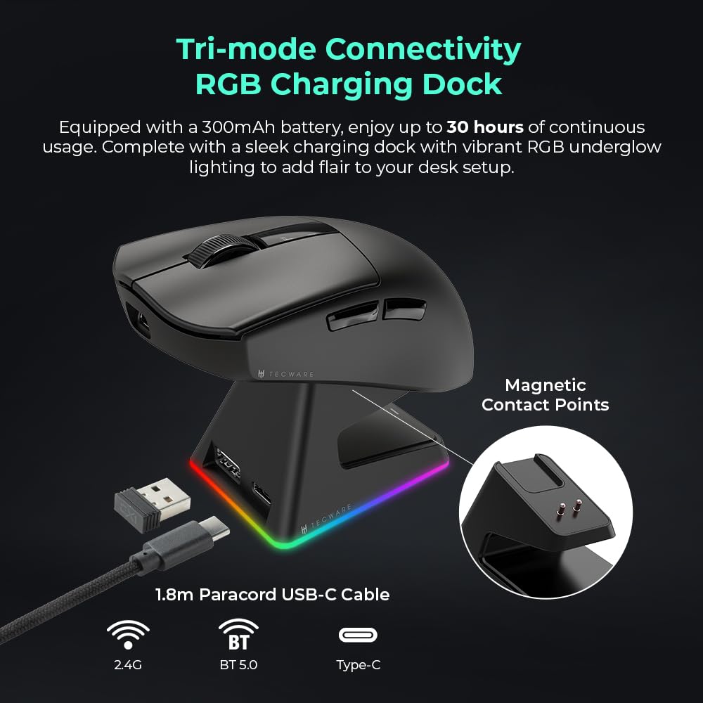 TECWARE EX1 Lightweight Gaming Mouse, 26K DPI Wireless Mouse, OLED Screen Display, 59g Lightweight, RGB Charging Dock, Tri-Mode Connectivity, Comes with PTFE Feet and Grip Tape, Gaming Mouse (Black)