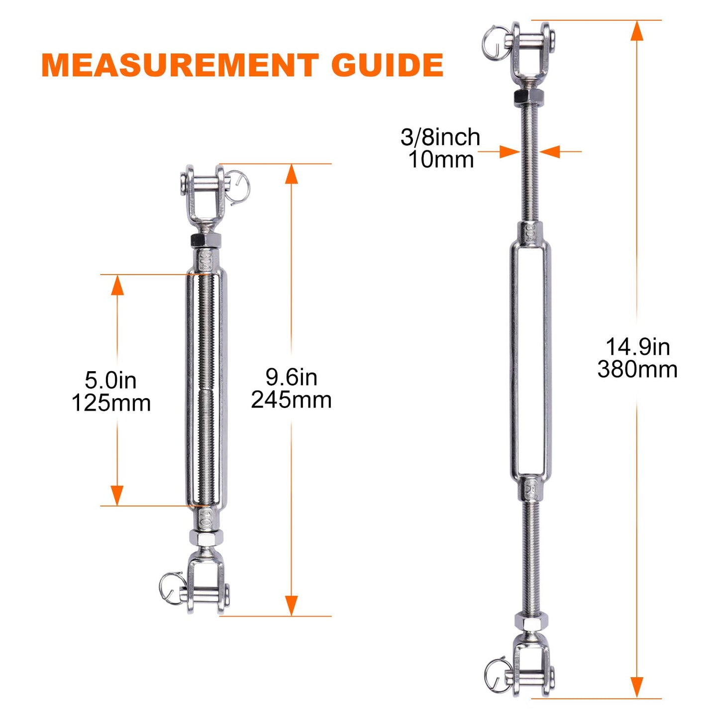 LordHardware 4Pcs Stainless Steel 3/8 Inch M10 Jaw and Jaw Turnbuckles for Tensioning Cable Rope Chain, 1200 lbs Load